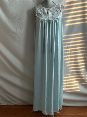 Vintage Lace Yoke Long Nightgown in Light Blue